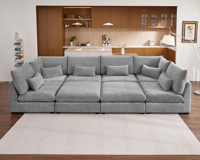 154" Oversized Chenille Couch Modular Sectional Sofa, Washable Cloud Couch Sectional with 4 Ottoman, 8 Seater Sectional Couches for Living Room, Fully Cover Removable, Sleeper Sofa, Chenille, Grey