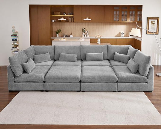 154" Oversized Chenille Couch Modular Sectional Sofa, Washable Cloud Couch Sectional with 4 Ottoman, 8 Seater Sectional Couches for Living Room, Fully Cover Removable, Sleeper Sofa, Chenille, Grey