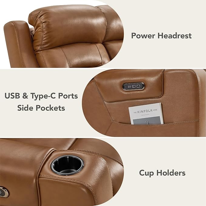 Watson & Whitely Genuine Leather Power Loveseat Recliner Sofa, Lay Flat Reclining Sofa with Console, Power Headrest, Cup Holders & Wireless Charging, Dual Recliner for Living Room, Saddle Brown