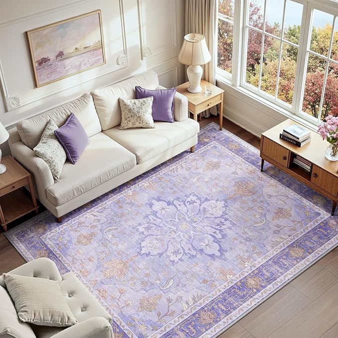 RELEANY Area Rugs 7'x9' Washable Non-Slip, Floral Vintage Distress Medallion Carpet for Living Room Bedroom Dining Room, Light Purple Brown