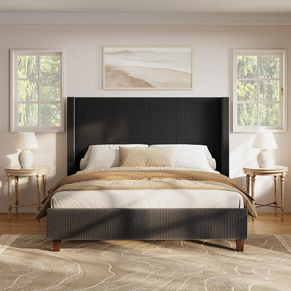HOWE Queen Szie Bed Frame with 50.8 Inch Corduroy Wingback Headboard, Black | Modern Upholstered Platform Bed, Solid Wood Slats, No Box Spring Needed, Noise-Reducing Design