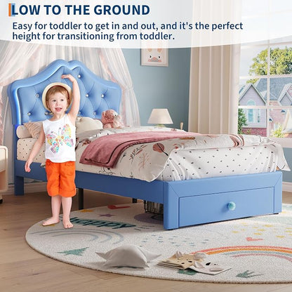 Twin Size Bed Frame for Girls with Storage Drawers & LED Lights, Upholstered Platform Bed, Velvet Crystal Button Princess Bed, Noise-Free Slats, No Box Spring Needed for Kids, Teens, Blue