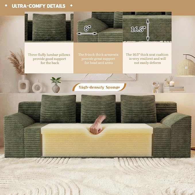 71" Corduroy Living Room Sofa, 3 Setaser Deep Seat Couch with 3 Lumbar Pillows, Comfy Boneless Sofa Modern Compressed Couch for Bedroom, Office, Apartment, No Assembly, Curved Armrests (Green)