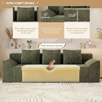 71" Corduroy Living Room Sofa, 3 Setaser Deep Seat Couch with 3 Lumbar Pillows, Comfy Boneless Sofa Modern Compressed Couch for Bedroom, Office, Apartment, No Assembly, Curved Armrests (Green)