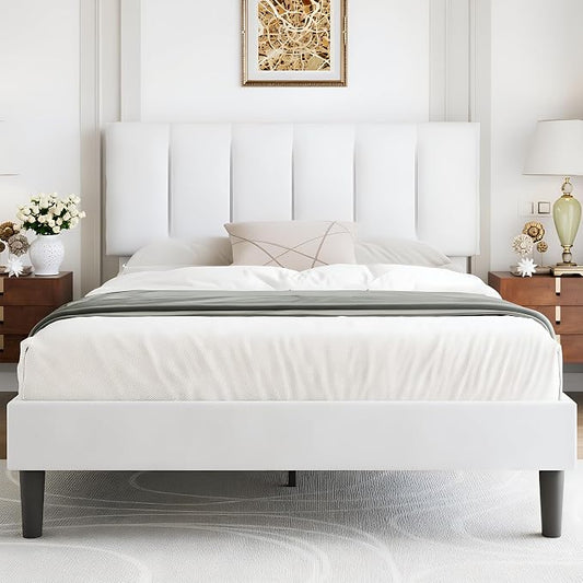VECELO Full Bed Frame with Upholstered Headboard, Heavy-Duty Platform Bedframe with Strong Wooden Slats Support, No Boxing Spring Needed, Pure White