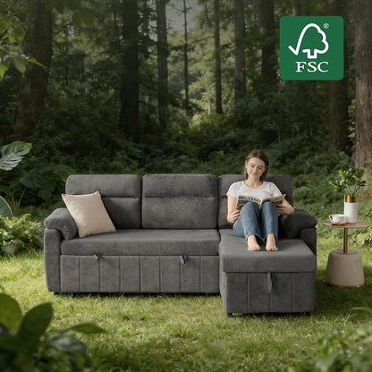 Tbfit 80'' Pull Out Sofa, 3 in 1 Sleeper Sofa Couch with USB & Storage Chaise, Cloud Sofa Bed with Pull Out Bed, Chenille Convertible Sleeper Sofas for Living Room, Small Spaces, Dark Gray
