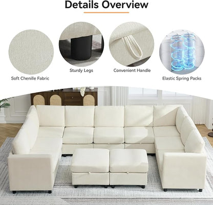 127'' Oversized U Shaped Modular Sofa, Sectional Couches with Storage for Living Room, Modern 9 Seater Cloud Sectional Couch with Movable Ottoman, Chenille Beige