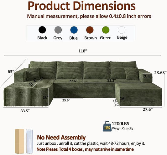 118" Modular Sectional Sofa with Chaise and Ottoman, Oversized U-Shaped Corduroy Cloud Couch,Deep Seat Boneless Couch for Living Room,No-Assembly,Green(Left Facing Chaise)