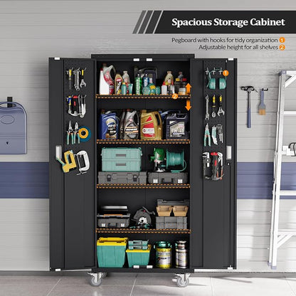 VINGLI 72'' Tall Garage Storage Cabinet, Metal Storage Cabinet with Pegboards, Wheels, Locking Doors and Adjustable Shelves (Black, 32''W x 16''D x 72''H)