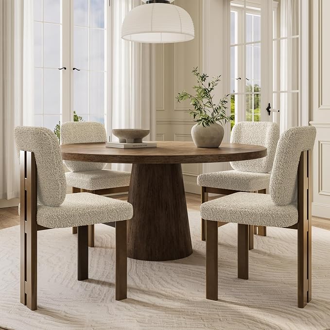 CIMOTA Modern Boucle Dining Chairs Set of 4, Upholstered Armless Side Chairs with Ergonomic Curved Back/Walnut Wood Legs, Mid-Century Accent Chairs for Kitchen or Dining Room, Beige