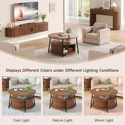 31.5 Inch Round Coffee Table with Storage, Fluted Coffee Tables with 2 Tiers, Mid-Century Modern Center Table with 2 Sliding Doors and Adjustable Footpad for Living Room, Walnut