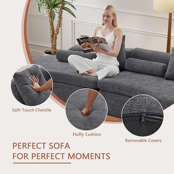 126" Curved Modular Sectional Sofa, Chenille Upholstered Cloud 4 Seater Couch for Living Room, No Assembly Modern Love Seat Sofa with 2 Bolster Pillows & 2 Square Pillows, High-Density Foam, Gray