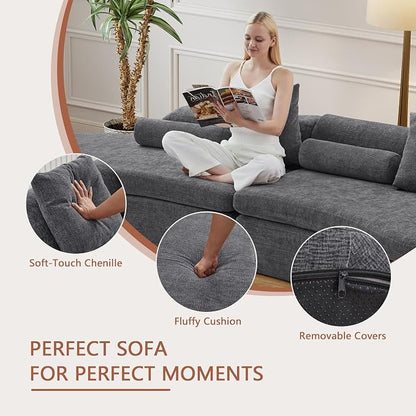 126" Curved Modular Sectional Sofa, Chenille Upholstered Cloud 4 Seater Couch for Living Room, No Assembly Modern Love Seat Sofa with 2 Bolster Pillows & 2 Square Pillows, High-Density Foam, Gray