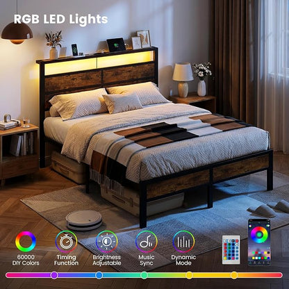 Queen Size Bed Frame with LED Lights, USB Type C Charging Headboard, Brown Metal Platform Bed with Storage Shelf, Noise Free Design, No Box Spring Needed