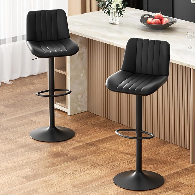 JAMFLY Modern Leather Bar Stools – Swivel & Height-Adjustable Bar Chairs with Footrest, Ergonomic Design for Kitchen Island, Home & Commercial Bar – Set of 2, Black