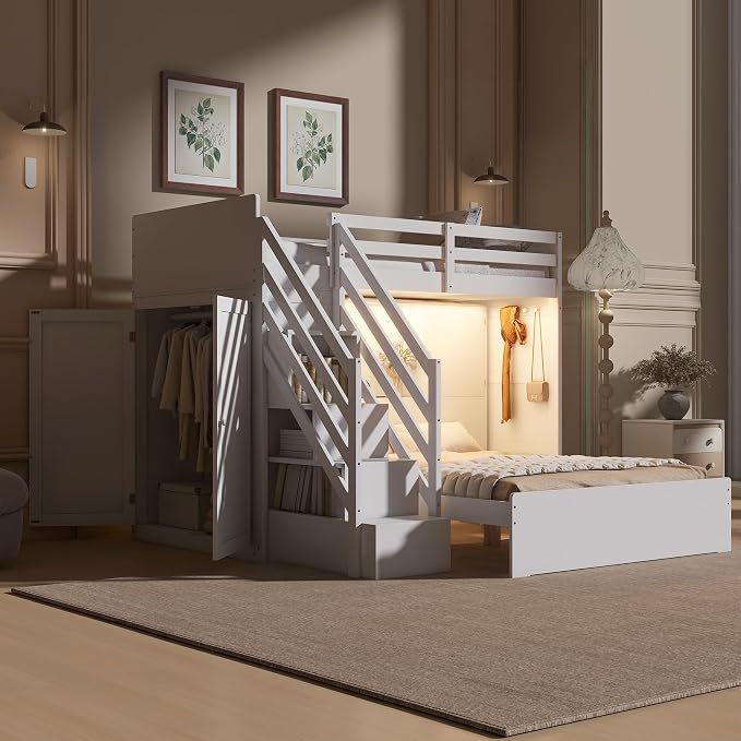 RUNNA Twin Over Full Bunk Bed with Storage Stairs,USB,Light,White | Twin over full bunk bed with storage stairs, USB charging station, light, solid wood, guardrails, no box spring needed, white