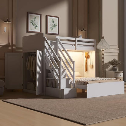 RUNNA Twin Over Full Bunk Bed with Storage Stairs,USB,Light,White | Twin over full bunk bed with storage stairs, USB charging station, light, solid wood, guardrails, no box spring needed, white