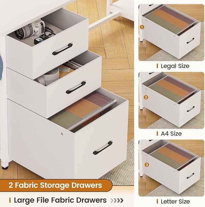 SEDETA L Shaped Computer Desk, 58'' Office Desk with 3 Drawers and Bookshelf, L Shaped Corner Desk with Storage Shelves and LED Light for Home Office, Gaming Desk, L Desk, White