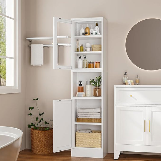 Narrow Glass Door Storage Cabinet Tall Metal Storage Cabinets with 4 Adjustable Shelves Freestanding 5 Tier Slim Pantry Cabinet for Kitchen Office Small Space