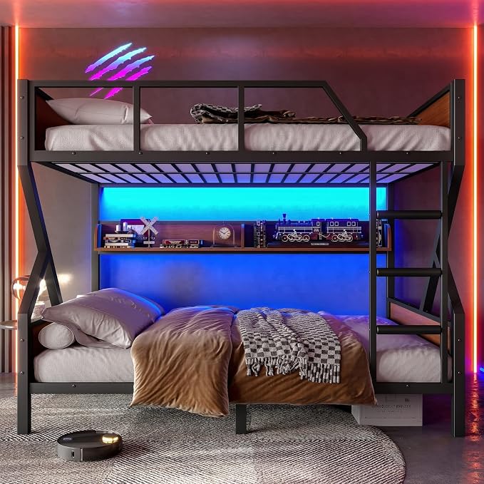 KEIKI Full Over Full Bunk Bed, Heavy Duty Metal Bunkbed with Storage Shelves, Lights, Bottom Space & Guardrail for Aldults Dorm Bedroom Guest Room, No Box Spring Needed, Noise-Free Design