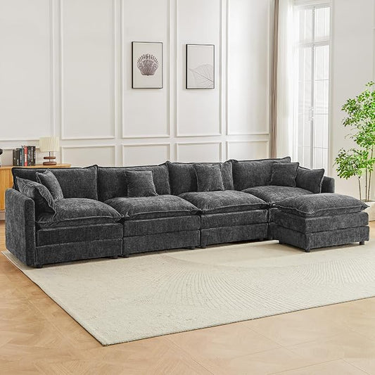 Modular Sectional Sofa, 147.2 Inch L Shaped Couch Set with Armrests, 4-Seater Comfy Cloud Couches with Movable Ottoman for Living Room Apartment, Grey