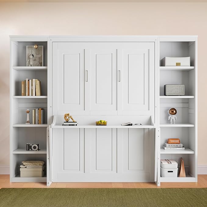 Olela Murphy Bed Full Size with Desk & Storage, Vertical Murphy Wall Bed Cabinet Desk & Bookcase Storage Combo, Space Saving Hideaway Beds for Home Office Guest Room, White
