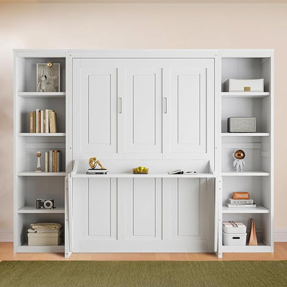 Olela Murphy Bed Full Size with Desk & Storage, Vertical Murphy Wall Bed Cabinet Desk & Bookcase Storage Combo, Space Saving Hideaway Beds for Home Office Guest Room, White
