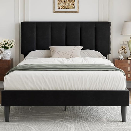 VECELO Full Bed Frame with Upholstered Headboard, Heavy-Duty Platform Bedframe with Strong Wooden Slats Support, No Boxing Spring Needed, Velvet & Black