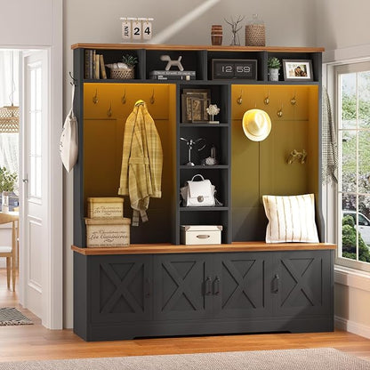 CSZZD Hall Tree with Bench and Shoe Storage, Farmhouse Entryway Bench with Coat Racks and Led Lights, Black Large Hall Tree with 12 Coat Hooks, 8 Storage Cubbies, Adjustable Shelf
