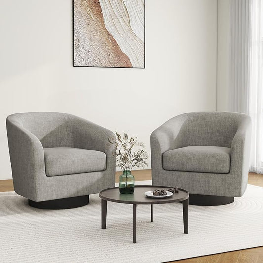 Swivel Barrel Accent Chair, Modern Round Linen Arm Chair for Living Room, Bedroom, Comfy Club Reading Chairs for Adults（Linen Fabric, Khaki, Set of 2