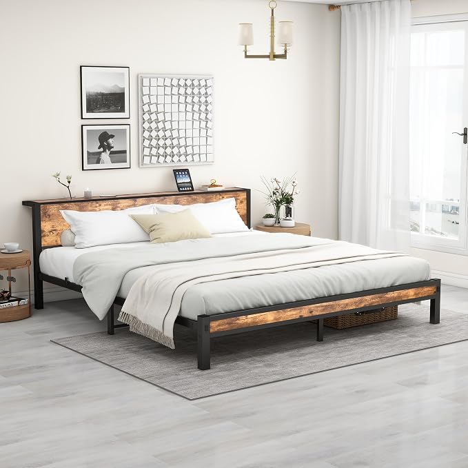 DUMEE King Bed Frame with Wood Storage Headboard, Metal Platform Bed Frames King Size, No Box Spring Needed, Noise Free, Black & Vintage Brown