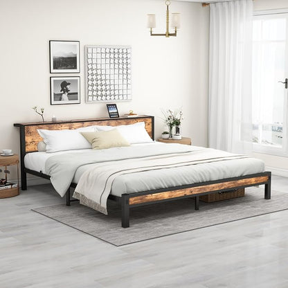 DUMEE King Bed Frame with Wood Storage Headboard, Metal Platform Bed Frames King Size, No Box Spring Needed, Noise Free, Black & Vintage Brown