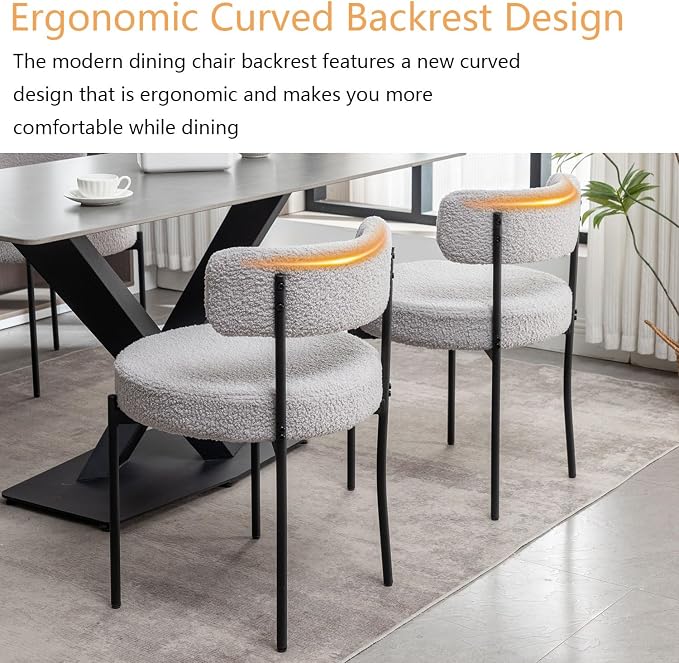 Cinxzar Boucle Dining Chairs Set of 4, Upholstered Dining Room Chairs with Black Metal Legs, Round Modern Dining Chair for Dining Room, Kitchen (Light Grey)