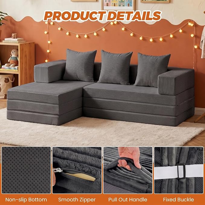 6-in-1 Tri-Folding Mattress | Cloud Boneless L-Shaped Modular Sectional Couches | Corduroy Pet-Friendly Convertible Futon Sofa Bed with 800LB Capacity Apartment, Guest Room, Game Room