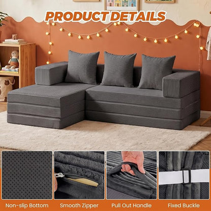6-in-1 Tri-Folding Mattress | Cloud Boneless L-Shaped Modular Sectional Couches | Corduroy Pet-Friendly Convertible Futon Sofa Bed with 800LB Capacity Apartment, Guest Room, Game Room