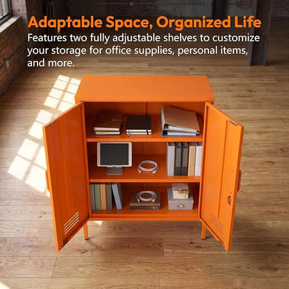 Multipurpose Accent Cabinet Locker, Metal Storage Cabinet with 2 Adjustable Shelves, Heavy Duty & Lockable Organizer Made of Thickened Steel, Easy Assembly for Home, Entryway, Orange