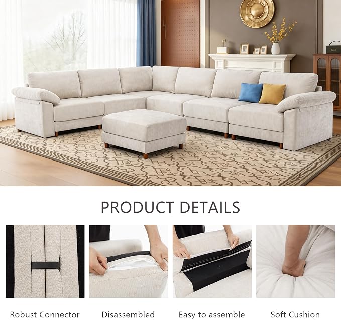 Oversized Modular Cloud Couch with Removable Washable Cover, L/V-Shaped Sectional for Large Living Room, Plush Chenille & Deep Seat（Beige）