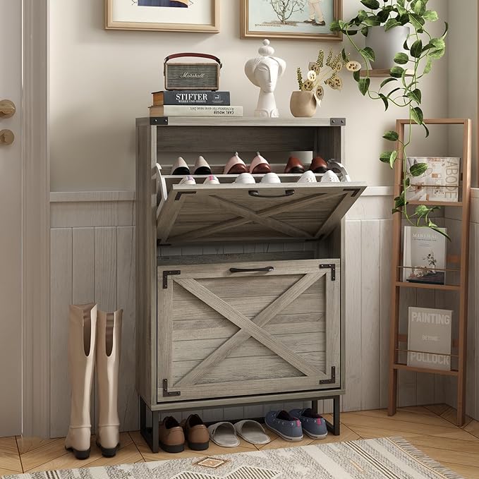Maupvit 24" W Farmhouse Shoe Cabinet Storage for Entryway, Freestanding Organizer with 2 Flip Drawers, Narrow Shoe Rack Cabinet with Metal Corner Decoration, Washed Gray