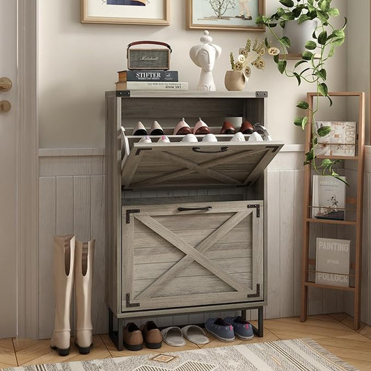 Maupvit 24" W Farmhouse Shoe Cabinet Storage for Entryway, Freestanding Organizer with 2 Flip Drawers, Narrow Shoe Rack Cabinet with Metal Corner Decoration, Washed Gray