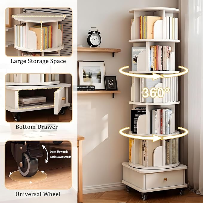 5 Pieces Queen Bedroom Set, PU Fabric Metal Bed Frame with Charge Port& LED, 6 Tier Rotating Bookshelf, Vanity Table with Sliding Light Mirror& Hair Dryer Holder, 2 Nightstands with Charge