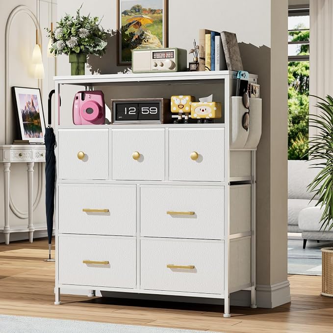 Dresser TV Stand with Power Outlets and LED Lights, 7 Drawers Dresser with Side Pocket, Fabric Chest of Drawers with PU Finish, Sturdy Frame & Wood Top (White)