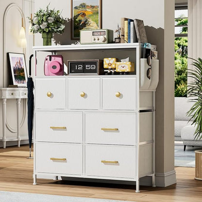 Dresser TV Stand with Power Outlets and LED Lights, 7 Drawers Dresser with Side Pocket, Fabric Chest of Drawers with PU Finish, Sturdy Frame & Wood Top (White)