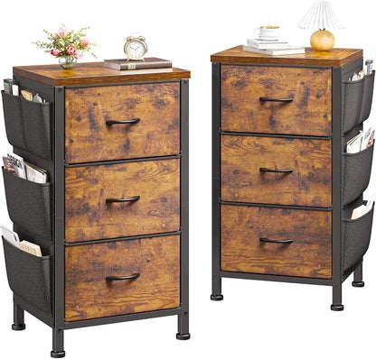 Night Stand Set 2,Night Stand with Drawers for Bedroom,Bedside Table with Wooden Top,Sturdy Steel Frame End Table,Dorm Small Nightstand for Bedroom,Entryway,Hallway,Cloth Bags,Hooks,Rustic Brown