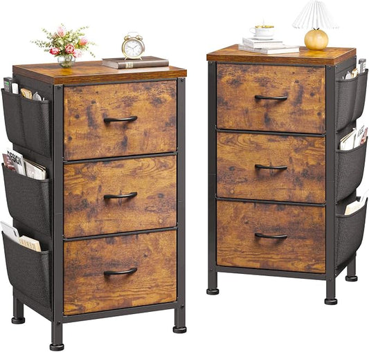 Night Stand Set 2,Night Stand with Drawers for Bedroom,Bedside Table with Wooden Top,Sturdy Steel Frame End Table,Dorm Small Nightstand for Bedroom,Entryway,Hallway,Cloth Bags,Hooks,Rustic Brown
