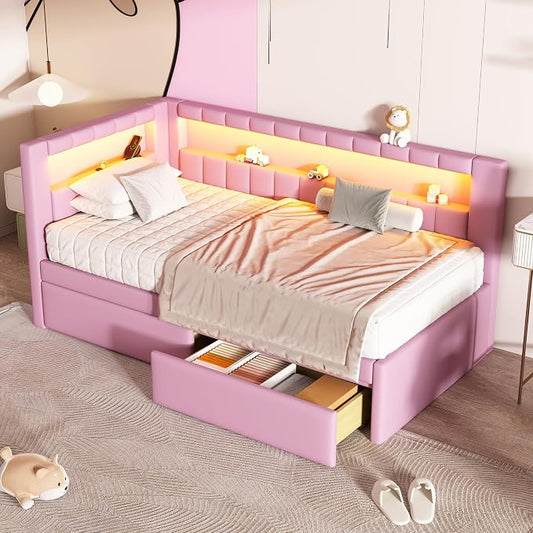 Merax Twin Size Modern Upholstered Platform Bed with USB Ports & Storage Drawers, Floor Sofa Daybed with Wood Slat Support, Storage Bed Frame with Headboard/Twin, Pink