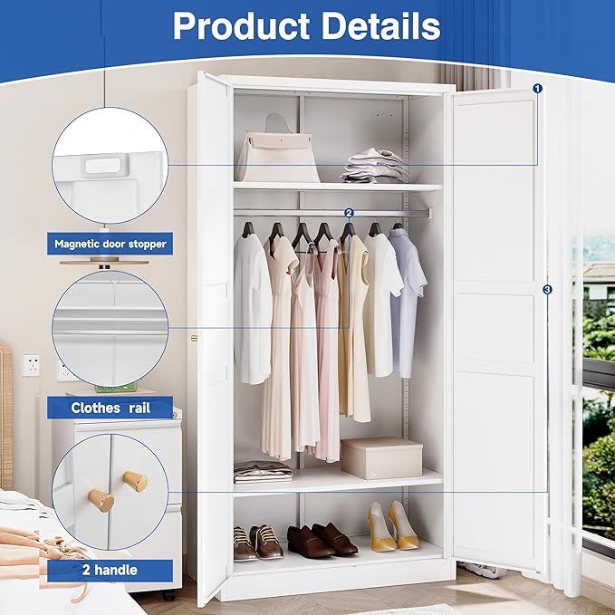 BYNSOE Metal Armoire Wardrobe Closet with 2 Doors 72'' Wardrobe Cabinet with Hanging Rail Metal Closet with Adjustable Shelves for Bedroom Require Assembly(White, 72inch)