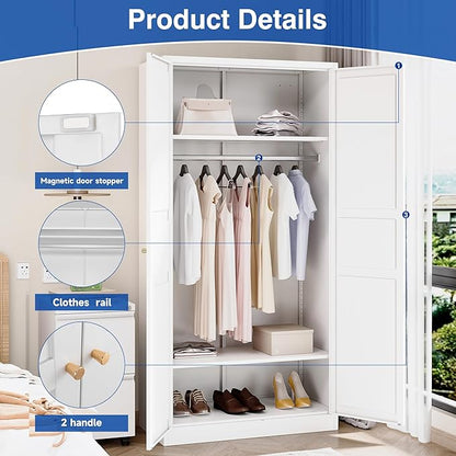 BYNSOE Metal Armoire Wardrobe Closet with 2 Doors 72'' Wardrobe Cabinet with Hanging Rail Metal Closet with Adjustable Shelves for Bedroom Require Assembly(White, 72inch)