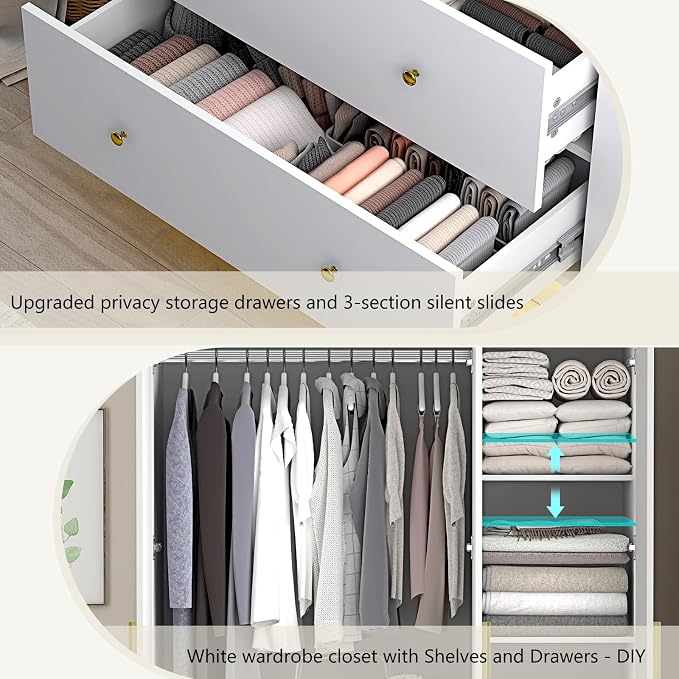jiteentarou 3 Door Wardrobe Closet with Mirror & LED Lights, Bedroom Armoire with Drawers & Shelves, Modern Wooden Armoire Wardrobe Closet with Hanging Rod for Bedroom, White