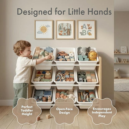 Humble Crew Toy Storage Organizer with 9 Removable Storage Bins for Kids Playroom, 3-Tier Toy Organization, Natural Wood/White