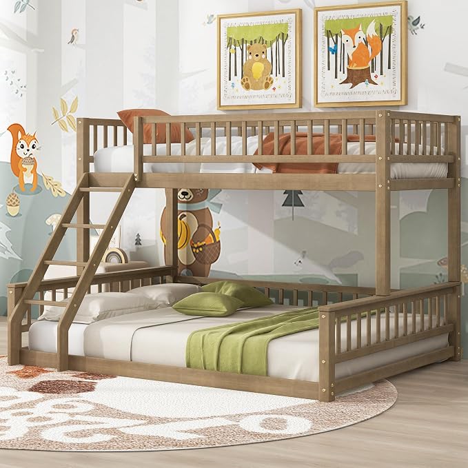 Wood Bunk Bed Twin XL Over Queen Size with Safety Guardrails, Detachable Design Floor Bunk Bed Frame for Kids Teens Boys Girls, Sturdy Slat Support (Walnut-9.30)
